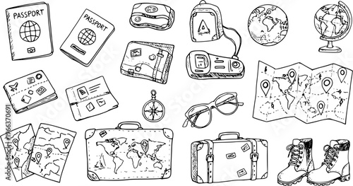 Hand-drawn travel essentials collection in doodle style, featuring passports, maps, luggage, cameras, globes, and adventure gear on a white background.