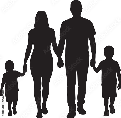 Family holding hands walking together, parents and two children outdoors.