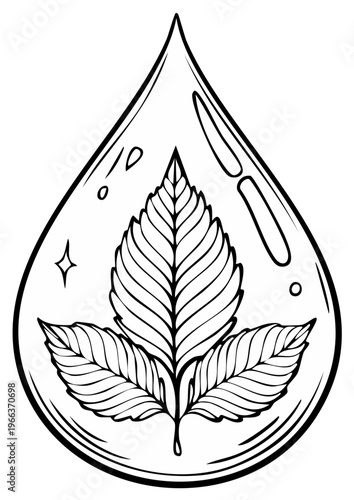 Water droplet with a stylized leaf inside, representing nature and purity