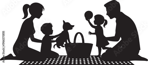 Happy family having picnic with dog and children playing together outdoors.