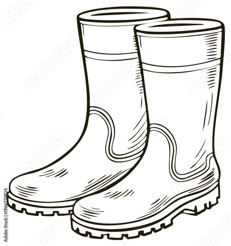Pair of Rubber Boots Hand Drawn Line Art Illustration Black and White Simple Design