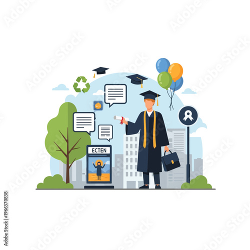 Graduating student with diploma and briefcase in celebratory scene with balloons and city background