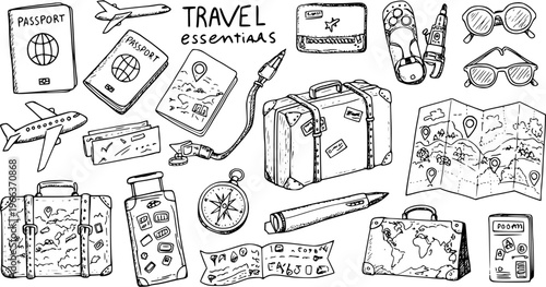 Hand-drawn Travel Essentials Sketch Set. Collection of Passports, Luggage, Map, Airplanes, Sunglasses, Tickets, and Vacation Objects on White Background.