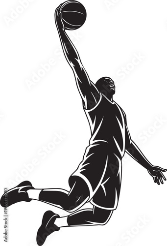 Dynamic basketball player silhouette performing a powerful slam dunk, capturing athletic prowess.