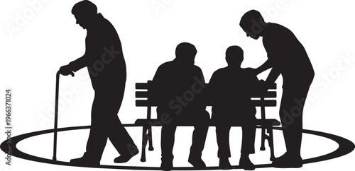 Elderly people silhouettes on transparent background, group of seniors in park setting, aid and care concept.