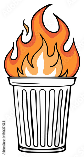 Burning trash can illustration with vibrant flames, waste concept