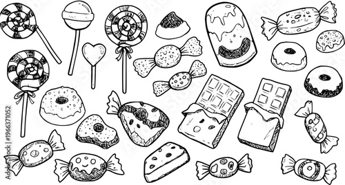 Hand-Drawn Black  White Doodle Set of Sweets and Candies: Lollipops, Donuts, Chocolate Bars, Wrapped Treats, and Desserts