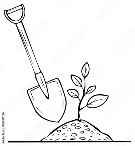 Illustration of a shovel planting a sapling in the ground, showing growth and new life in black and white line art