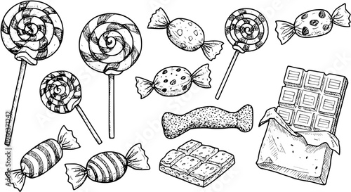 Hand-Drawn Vector Outline Art: Sweet Treats Collection with Lollipops, Chocolate Bar, Wrapped Candies, and Various Desserts