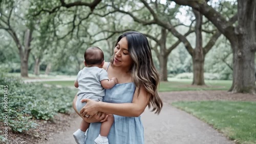 Mother Holding Baby Daughter Walking on Path in Park With Large Trees, Slow Motion