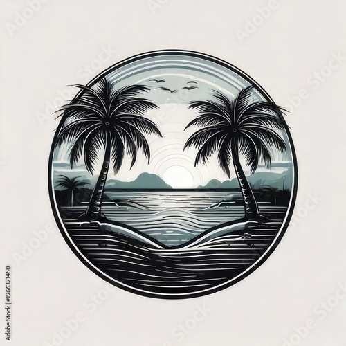 Tropical beach scene in a round frame with palm trees