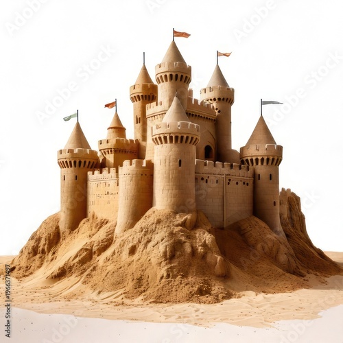 Sandcastle with towers, flags, and a sandy base