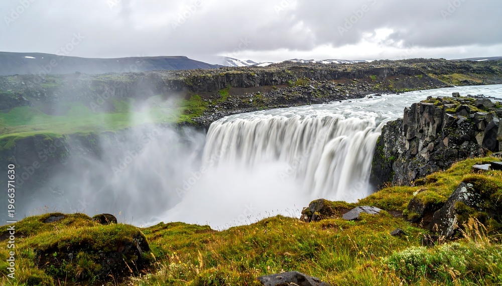 Fototapeta premium A breathtaking waterfall cascades down a rugged rocky slope
