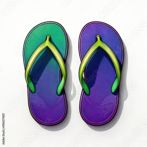 Two vibrant, colorful, summer-style sandals on white