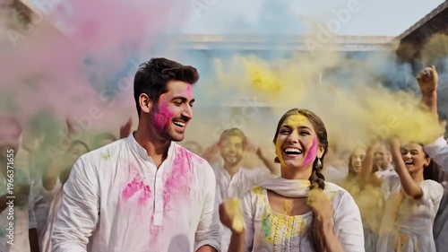 Joyful Indian Couple Celebrates Holi Festival With Colorful Powder Throws and Laughter