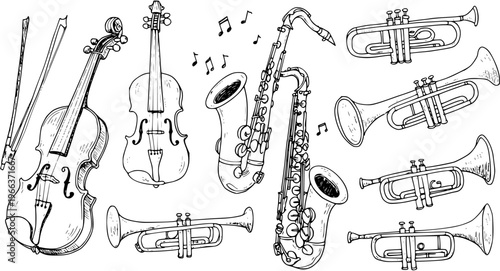 Hand-drawn musical instruments collection: violins, saxophones, and trumpets with music notes in a sketch art style on white background.