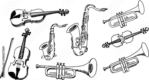 Hand-Drawn Musical Instruments Sketch Set: Violins, Saxophones, Trumpets. Artistic Black and White Doodles for Music and Art Designs.