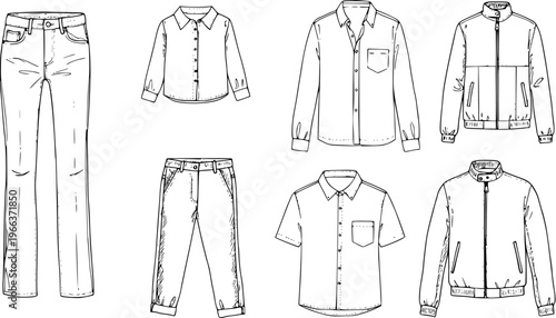 Fashion Sketch Set: Pants, Shirts, Jackets - Outlines of Clothing for Design  Patterns