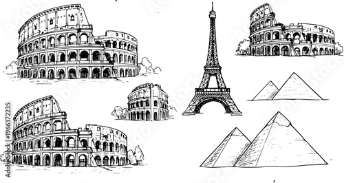 Hand drawn sketch set of iconic world landmarks including the Colosseum, Eiffel Tower, and Pyramids, ideal for travel and global themes.