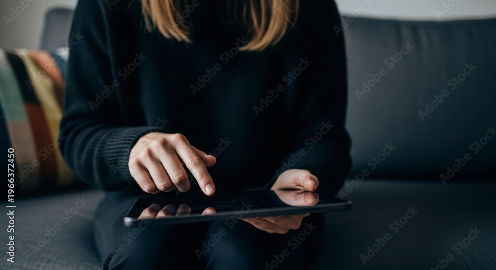Naklejka premium woman in black sweater using tablet on couch