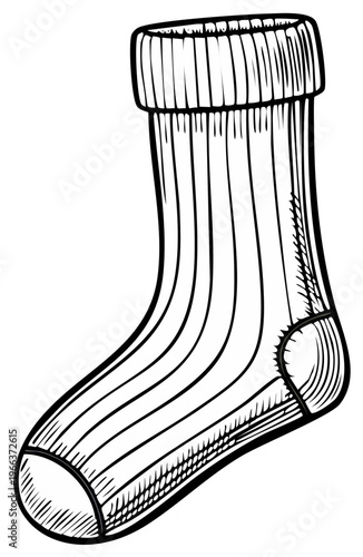 Hand-drawn sketch of a ribbed knit sock with elastic cuff and reinforced heel
