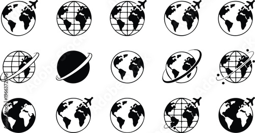 Flat line art collection of 16 Earth icons including flying planes, orbital paths, and standard globe symbols clean modern vector illustration