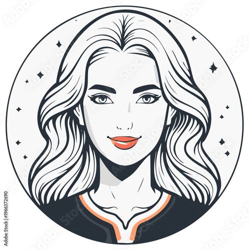 Female Portrait with Wavy Hair and Stars in a Circular Frame Illustration Line Art