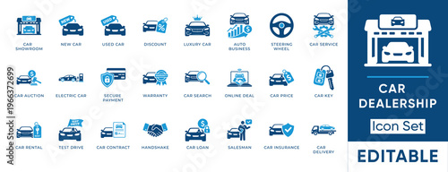 Car dealership icon set. Containing dealership, showroom, rental, auction, service, loan, insurance and auto icons. Solid vector icons collection.