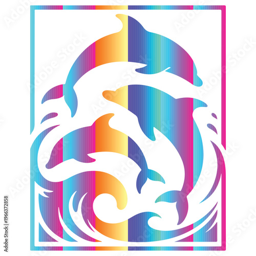 Dolphins swimming in circular wave composition with decorative frame, abstract marine wildlife vector perfect for logo, posters, and summer themes with Vibrant rainbow gradient.