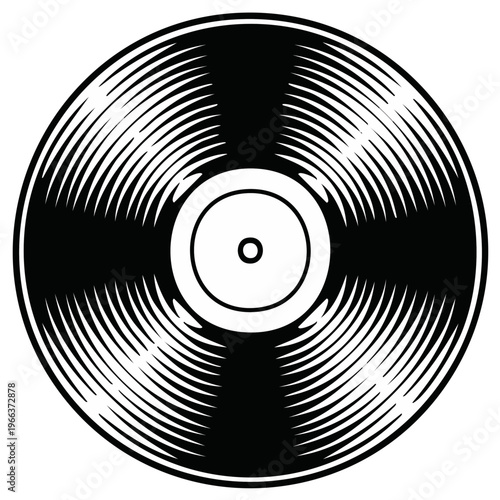 Groovy Black Vinyl Record with Radial Grooves and Center Label Illustration