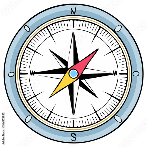 Compass illustration with cardinal directions and colorful needle for navigation or exploration