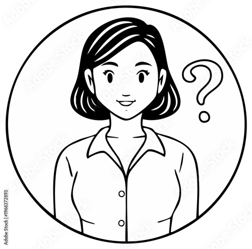 Illustration of a woman with short hair and a question mark in a circular frame representing confusion and curiosity.