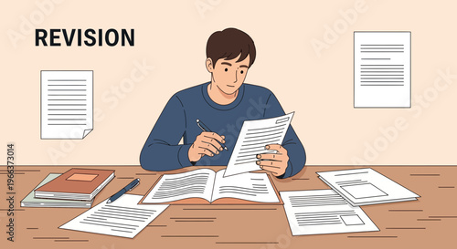 Young male student intensely studying papers and books at a desk, engaged in learning and research