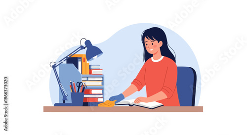 Young female student diligently cleaning her organized study desk with books and lamp