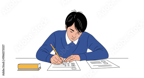 Young student diligently writing on a test paper with a pencil, focused on completing the exam