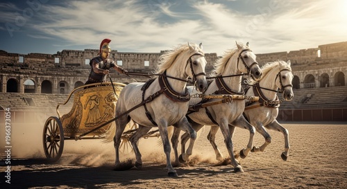 Ancient chariot race featuring a driver and three powerful horses thundering across a dusty arena