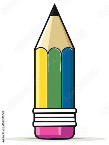 Cartoon pencil illustration with colorful sections and eraser tip against white background