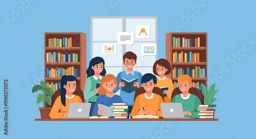 Diverse group of students collaborating and studying together in a well-stocked library setting