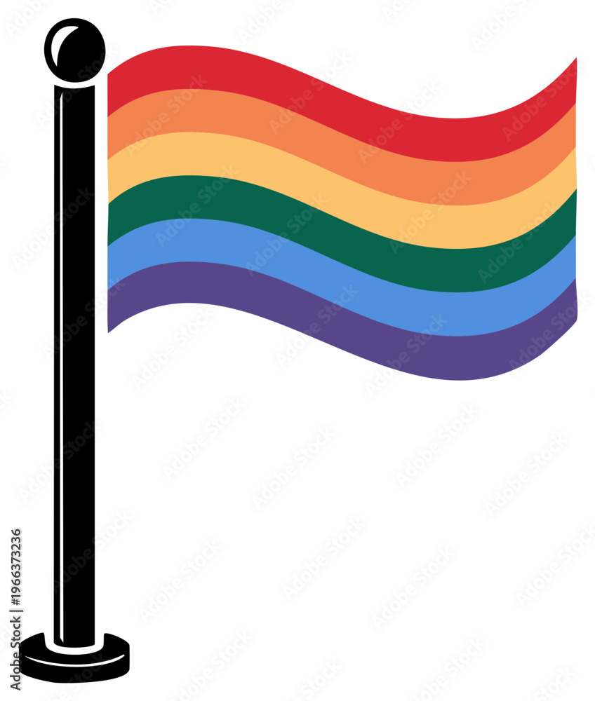 Fototapeta premium Rainbow flag waving on a black pole with a white background