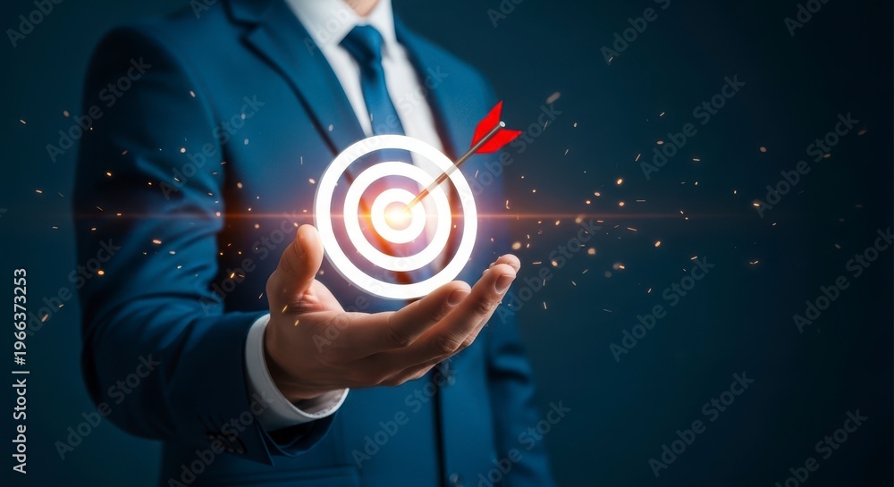 Fototapeta premium Businessman in blue suit holding glowing target with arrow