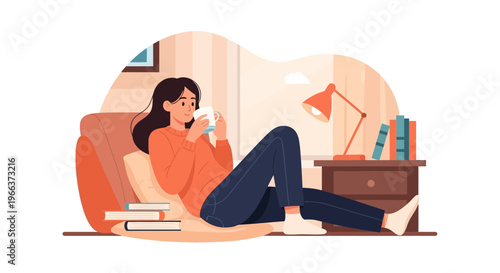Young woman enjoying a hot drink while relaxing with books and a lamp
