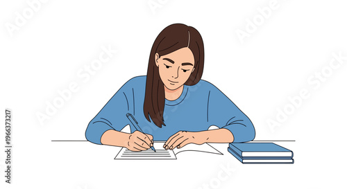 Young student diligently practicing writing at a desk with books, representing education and focused learning.