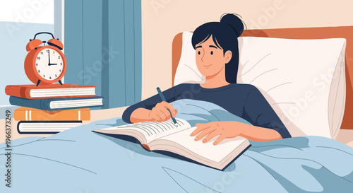 Young woman writing in journal while in bed, early morning study and reflection