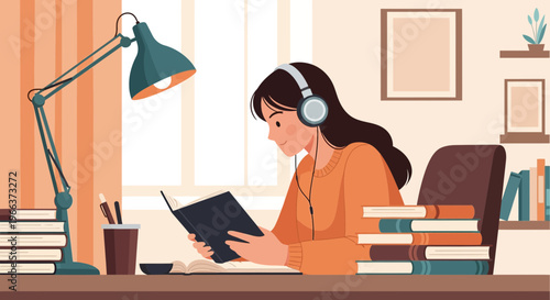 Young woman wearing headphones reading a book at a desk with a lamp and books nearby