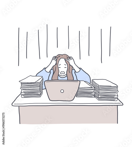 大量の仕事に追われて頭を抱える女性のイラスト素材