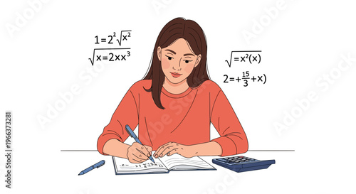 Young woman diligently solving complex math equations in a notebook with a calculator nearby