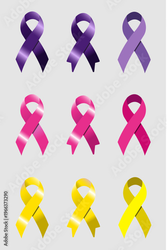 pink, purple, and yellow cancer awareness ribbon set for breast, pancreatic, and bone oncology.
