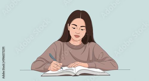 Young woman studying and writing in a book with a pen, focused on her academic work