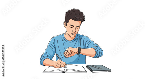 Young man checking his watch while studying diligently at a desk