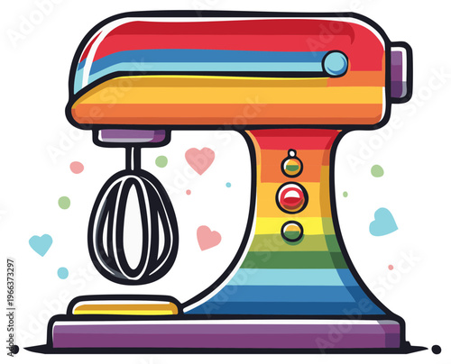 Rainbow Stand Mixer with Whisk and Hearts Illustration